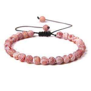 Unisex 6mm Red Weathered Agate Natural Stone Beaded Adjustable Rope Bracelet NEW